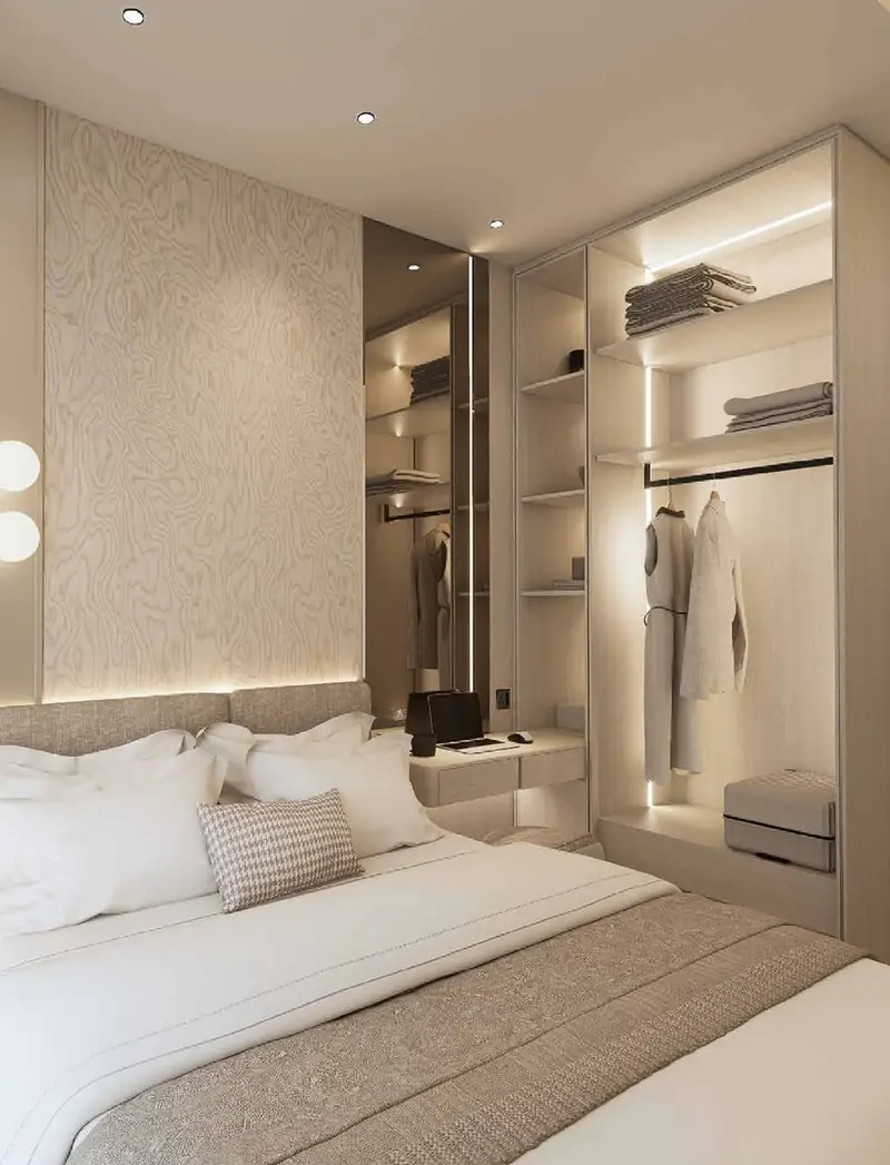 Ivory Serenity bedroom with open wardrobe