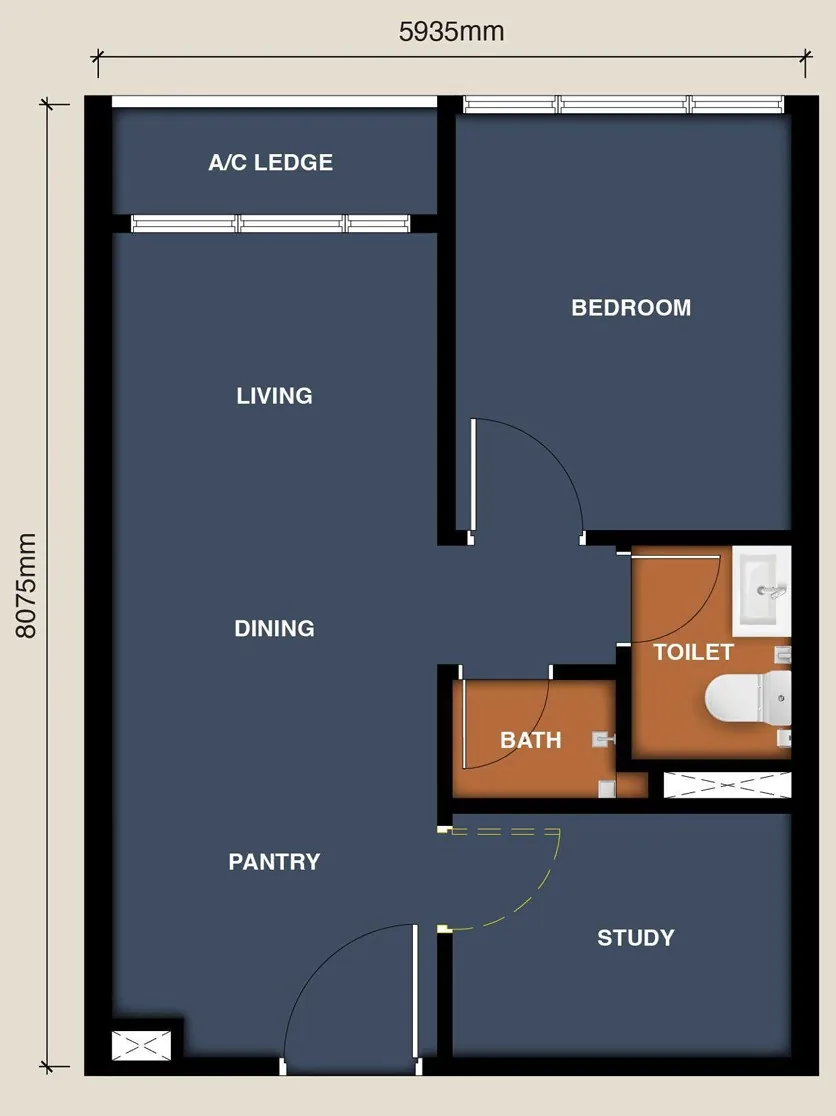 Type B 1+1 room 1 bath 484 sq.ft. floor plan