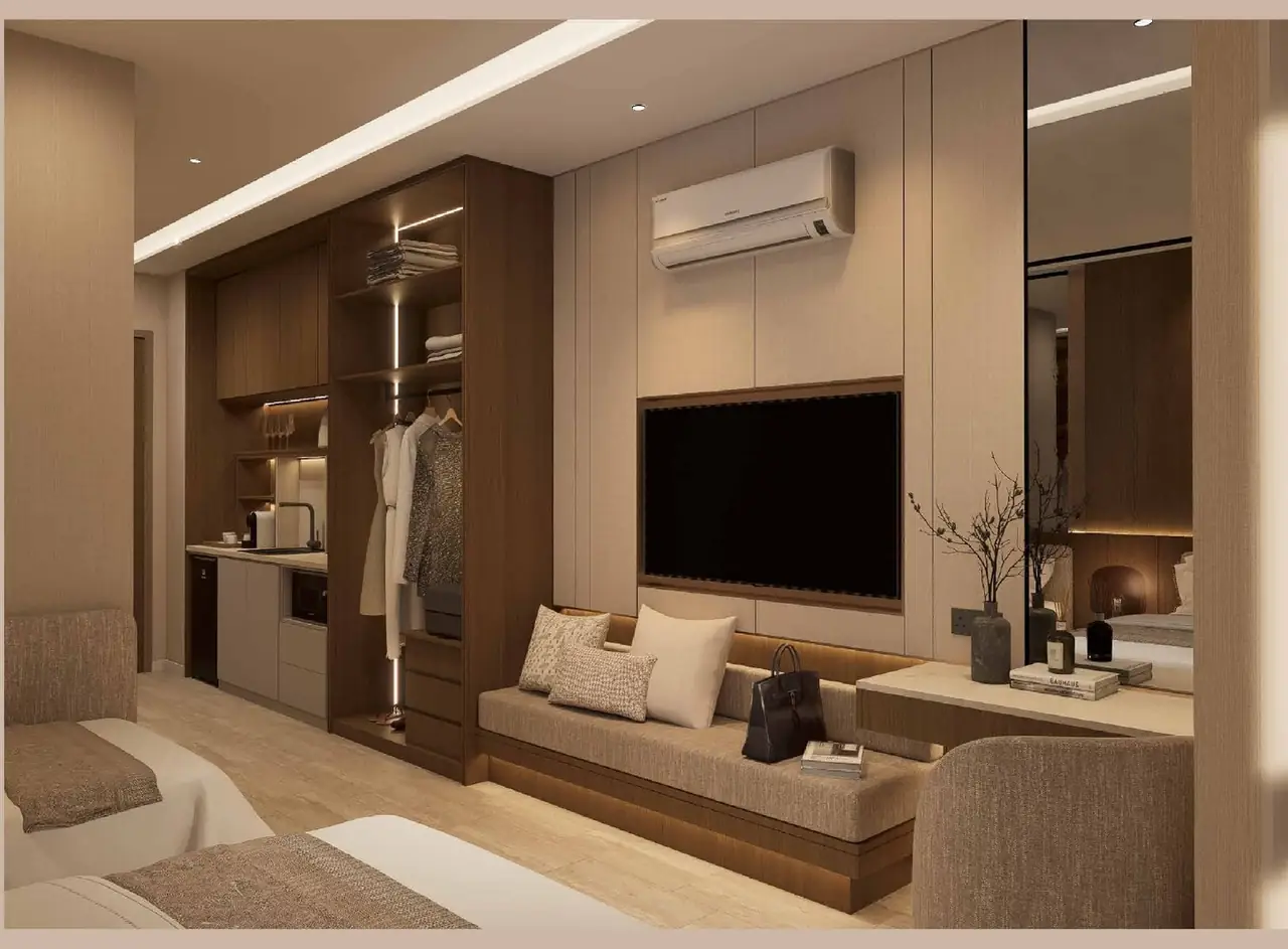 Walnut Elegance living area with TV wall and wardrobe